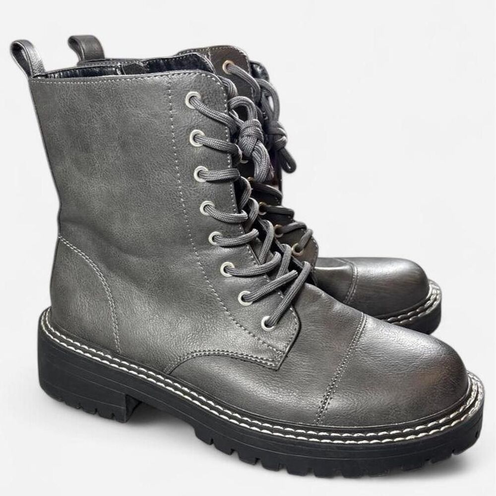 Gray leather lace up boots
